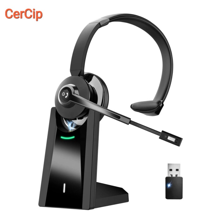 CerCip 783 Casca Call Center, Wireless, Töltőállomással, Akku 26 óra, megszakítás nélküli beszélgetés, Zajszűrés, Mikrofon némítás, Bluetooth vagy USB Dongle csatlakozás, Számítógép/Telefon/Találkozók/Iroda, Multipoint, 270 fokban forgatható mikrofon