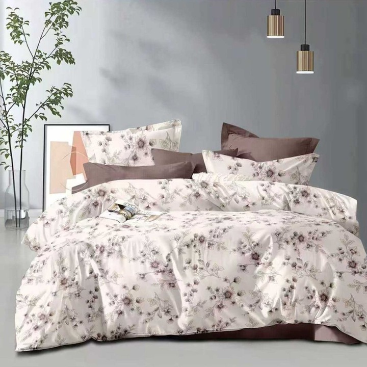 Dupla ágynemű garnitúra, 6 részes, gumis lepedővel 180 x 200 cm, Különleges Ágyneműk, Bézs/barna virágok