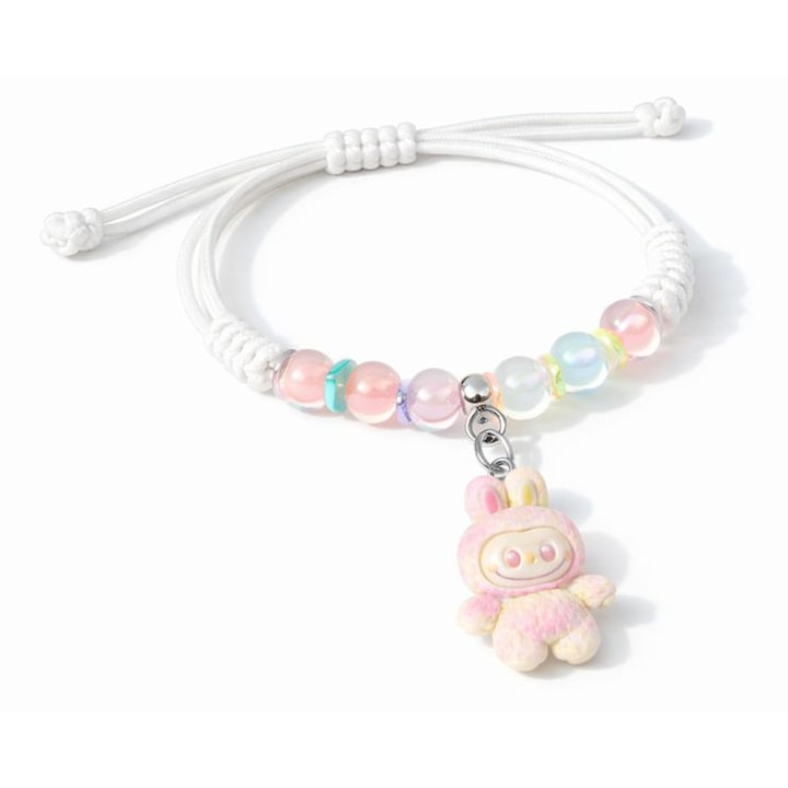 Bratara pentru fetite, reglabila, Alb/Creme, margele iridescente, charm iepuras, accesoriu delicat