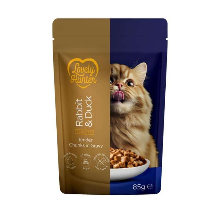 Hrana umedă pentru pisici adulte, Lovely Hunter, iepure și rață, 85g