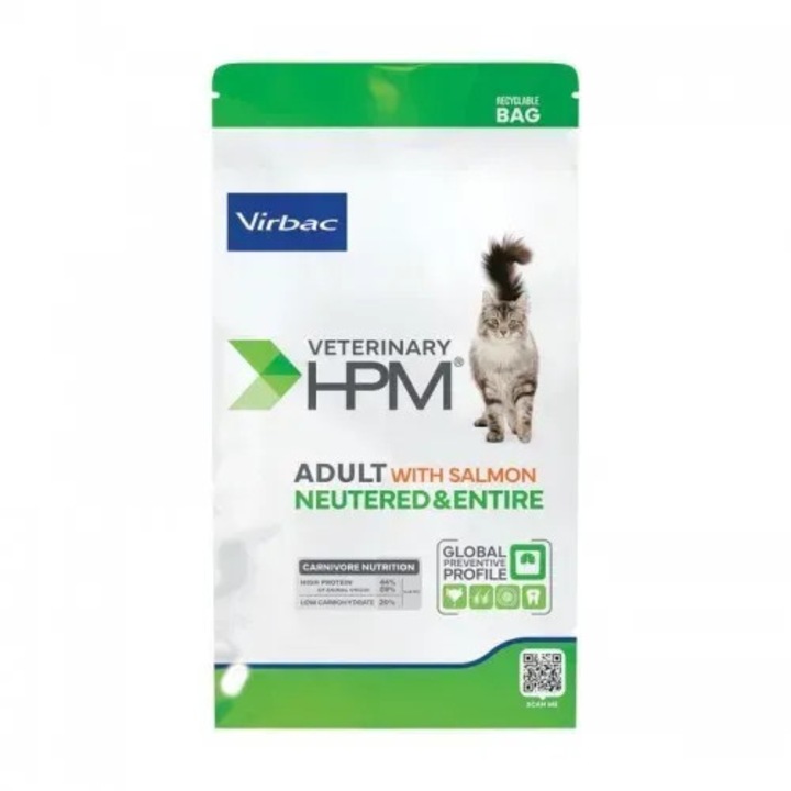 Hrana uscata pentru pisici Virbac HPM Adult Neutered & Entire, somon, 7 kg