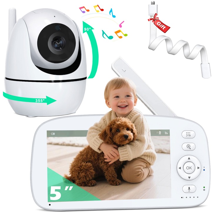 HUACANG bébi videó monitor, 5 hüvelykes, éjjellátó kamerával, 5000mAh akkumulátor, 4X zoom, WiFi nélkül, hordozható készlet