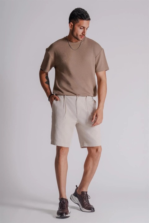 Pantaloni scurti cu Buzunare Laterale, Talie Elastica, Amestec de In, Bejdwqf, Bej