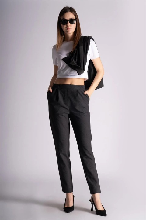 Pantaloni Jogger Dama Slim Fit, Braccas, cu Talie Elastica si Pliuri, cu Buzdwqfunare Laterale, Antracit, Gri antracit
