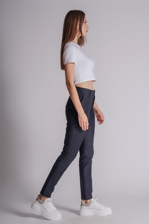 Pantaloni Braccas de Dama din Bumbac cu Buzunare Laterale, Talie Inalta, Croiala Slim Fit, Bleumarin M