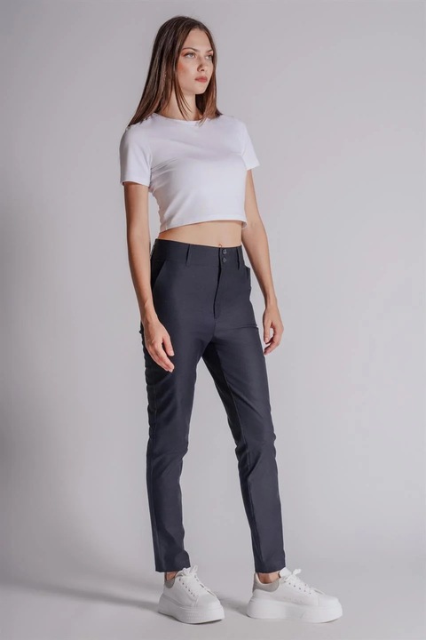 Pantaloni Braccas Dama din Bumbac cu Buzunare Laterale, Talie Inalta, Croiala Slim Fit, bleumarin, Bleumarin