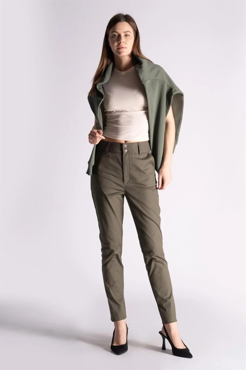 Pantaloni Braccas Dama din Bumbac cu Buzunare Laterale, Talie Inalta, Slim Fit, Kaki, Kaki