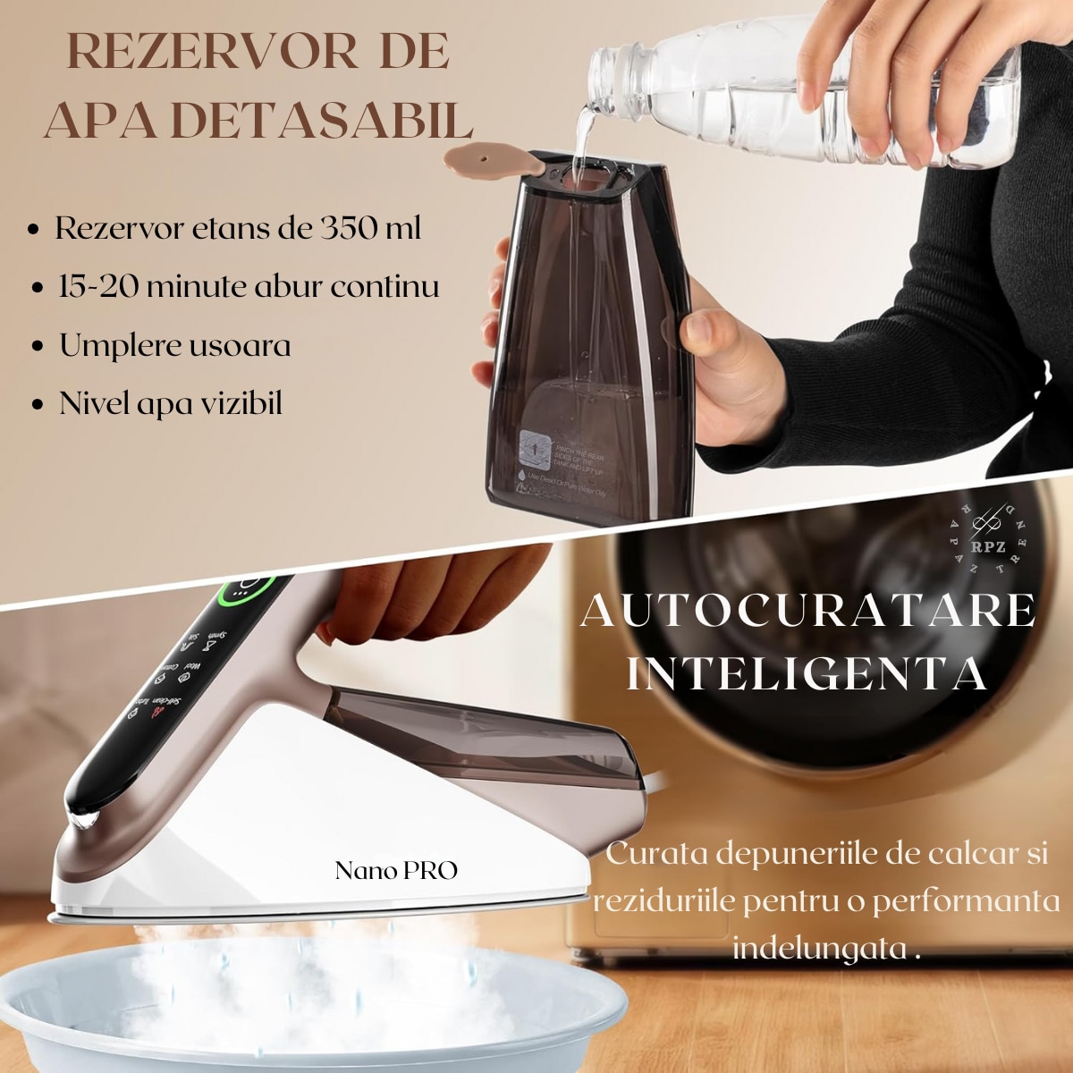 Fier de calcat cu abur RAPAZ Nano PRO 2400W, jet turbo 200 g/min, afisaj LED 5 moduri, Calcare Verticala si Orizontala, talpa ceramica, rezervor detasabil 350 ml, alb-verde