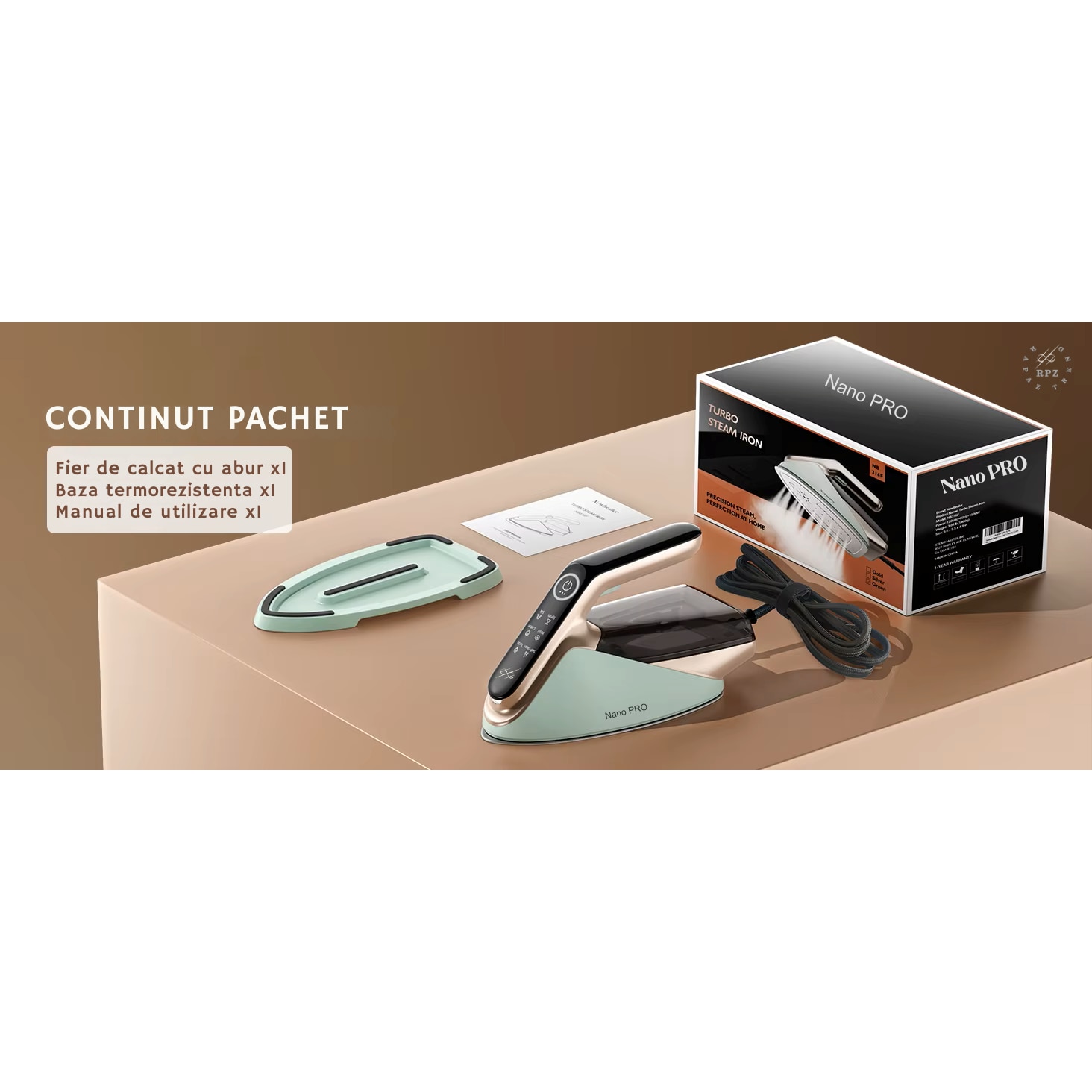 Fier de calcat cu abur RAPAZ Nano PRO 2400W, jet turbo 200 g/min, afisaj LED 5 moduri, Calcare Verticala si Orizontala, talpa ceramica, rezervor detasabil 350 ml, alb-verde