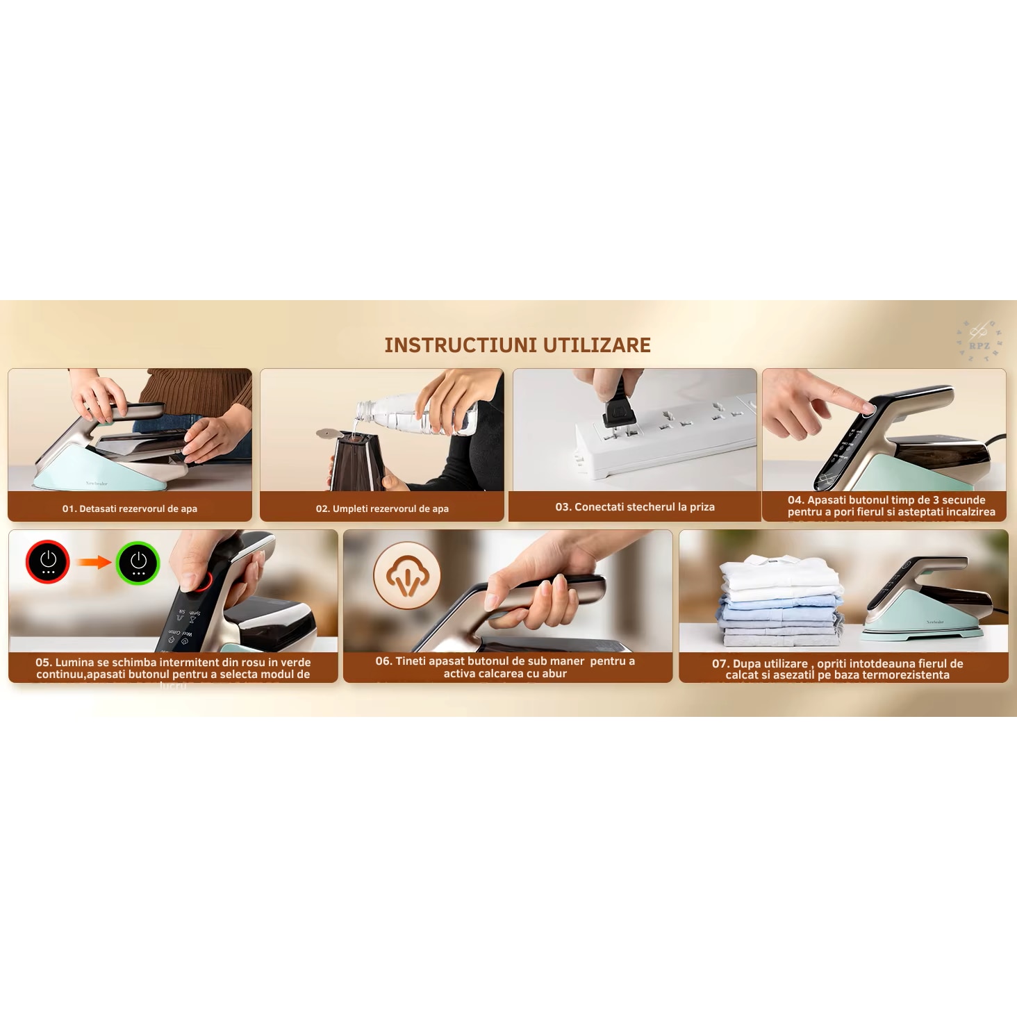 Fier de calcat cu abur RAPAZ Nano PRO 2400W, jet turbo 200 g/min, afisaj LED 5 moduri, Calcare Verticala si Orizontala, talpa ceramica, rezervor detasabil 350 ml, alb-verde