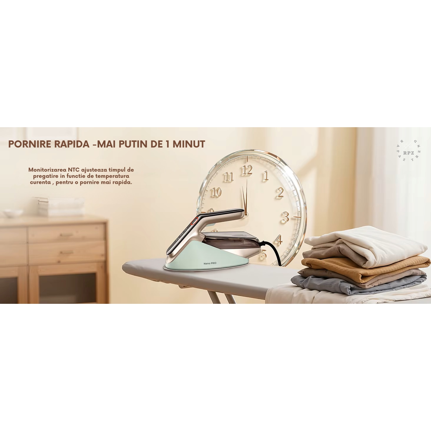 Fier de calcat cu abur RAPAZ Nano PRO 2400W, jet turbo 200 g/min, afisaj LED 5 moduri, Calcare Verticala si Orizontala, talpa ceramica, rezervor detasabil 350 ml, alb-verde