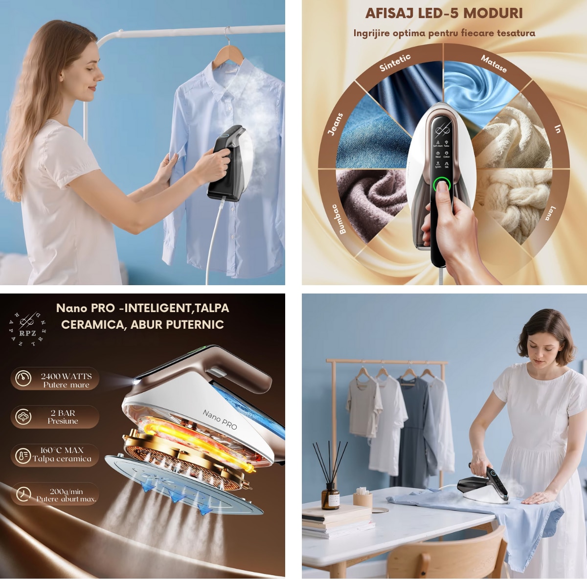 Fier de calcat cu abur RAPAZ Nano PRO 2400W, jet turbo 200 g/min, afisaj LED 5 moduri, Calcare Verticala si Orizontala, talpa ceramica, rezervor detasabil 350 ml, alb-verde