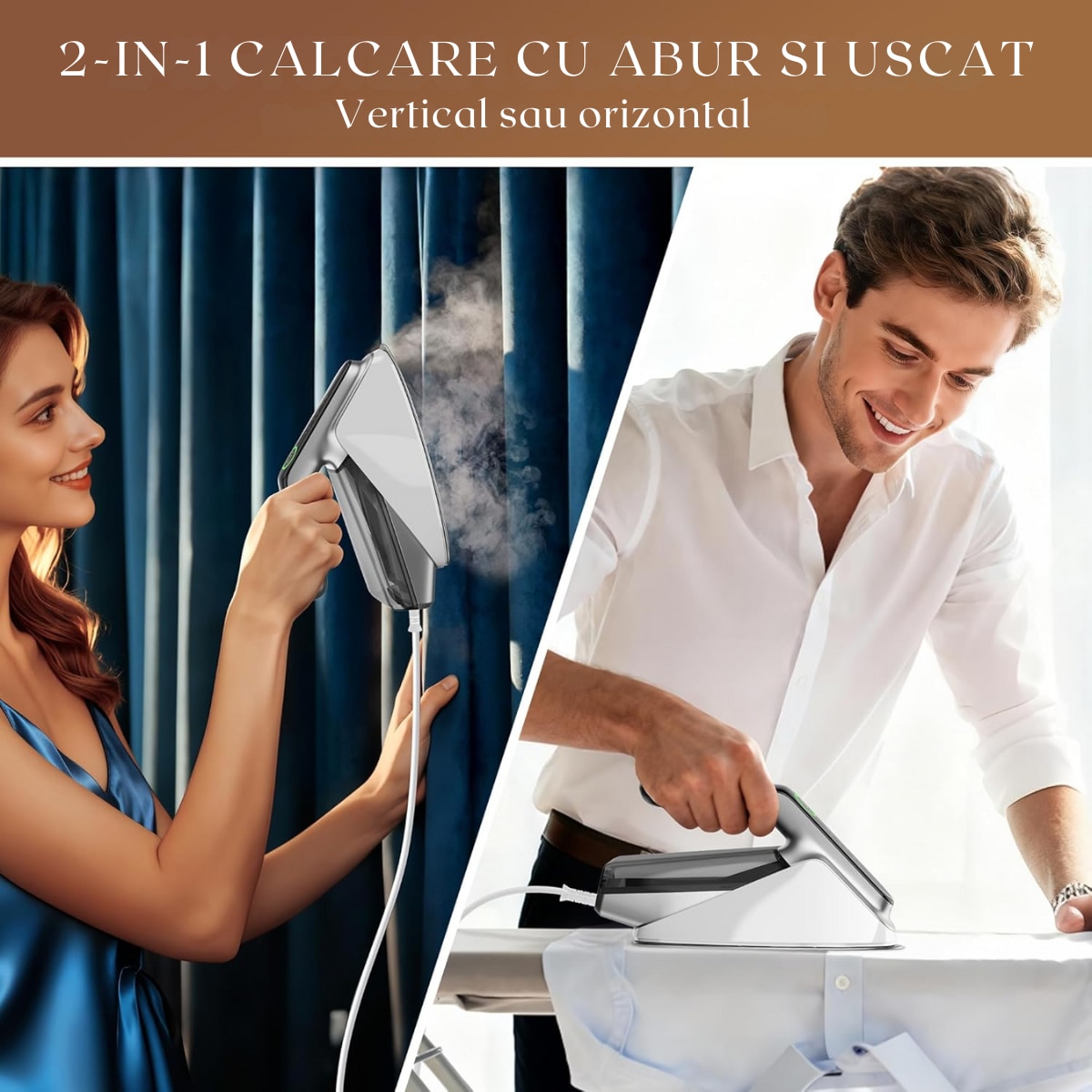 Fier de calcat cu abur RAPAZ Nano PRO 2400W, jet turbo 200 g/min, afisaj LED 5 moduri, Calcare Verticala si Orizontala, talpa ceramica, rezervor detasabil 350 ml, alb-verde