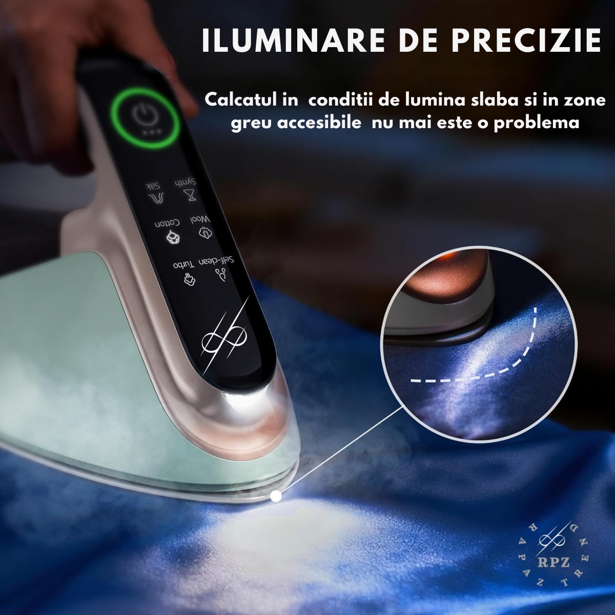Fier de calcat cu abur RAPAZ Nano PRO 2400W, jet turbo 200 g/min, afisaj LED 5 moduri, Calcare Verticala si Orizontala, talpa ceramica, rezervor detasabil 350 ml, alb-verde