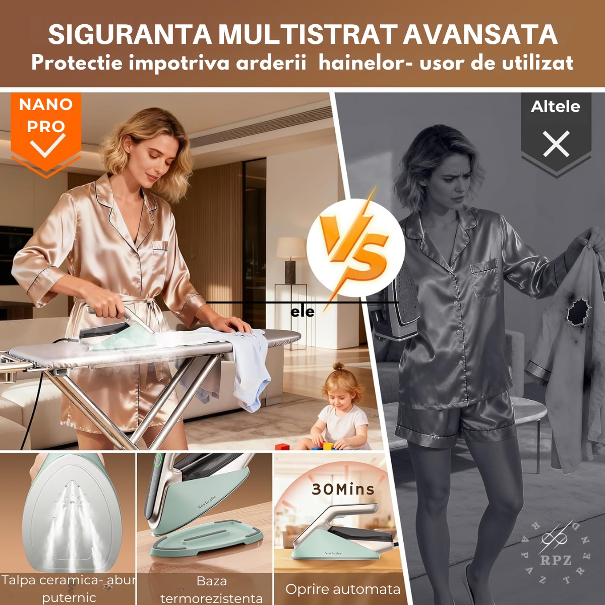 Fier de calcat cu abur RAPAZ Nano PRO 2400W, jet turbo 200 g/min, afisaj LED 5 moduri, Calcare Verticala si Orizontala, talpa ceramica, rezervor detasabil 350 ml, alb-verde
