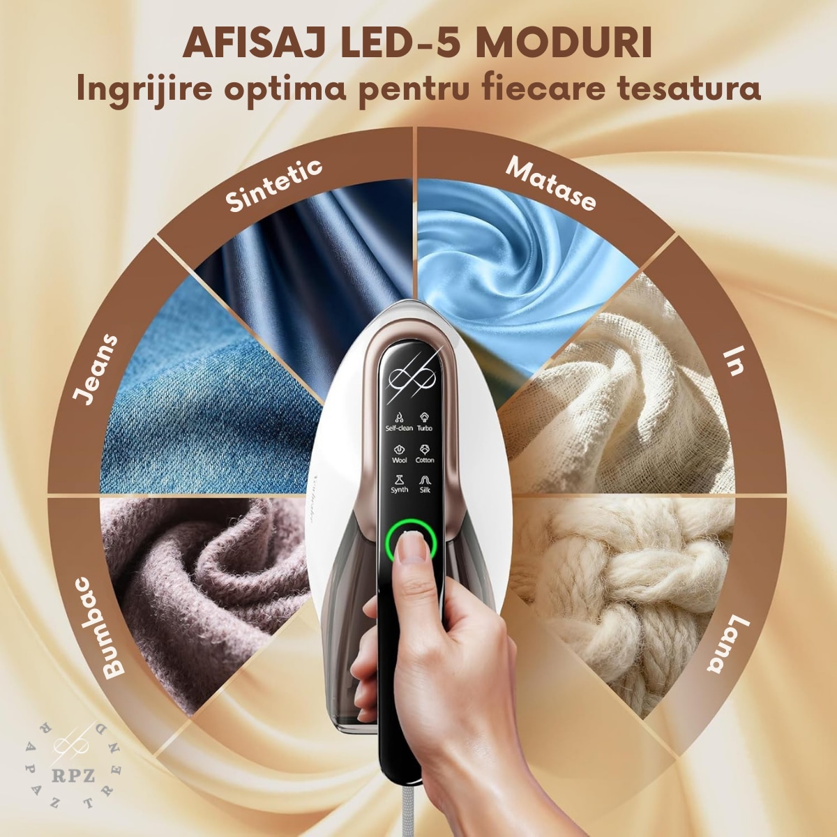 Fier de calcat cu abur RAPAZ Nano PRO 2400W, jet turbo 200 g/min, afisaj LED 5 moduri, Calcare Verticala si Orizontala, talpa ceramica, rezervor detasabil 350 ml, alb-verde