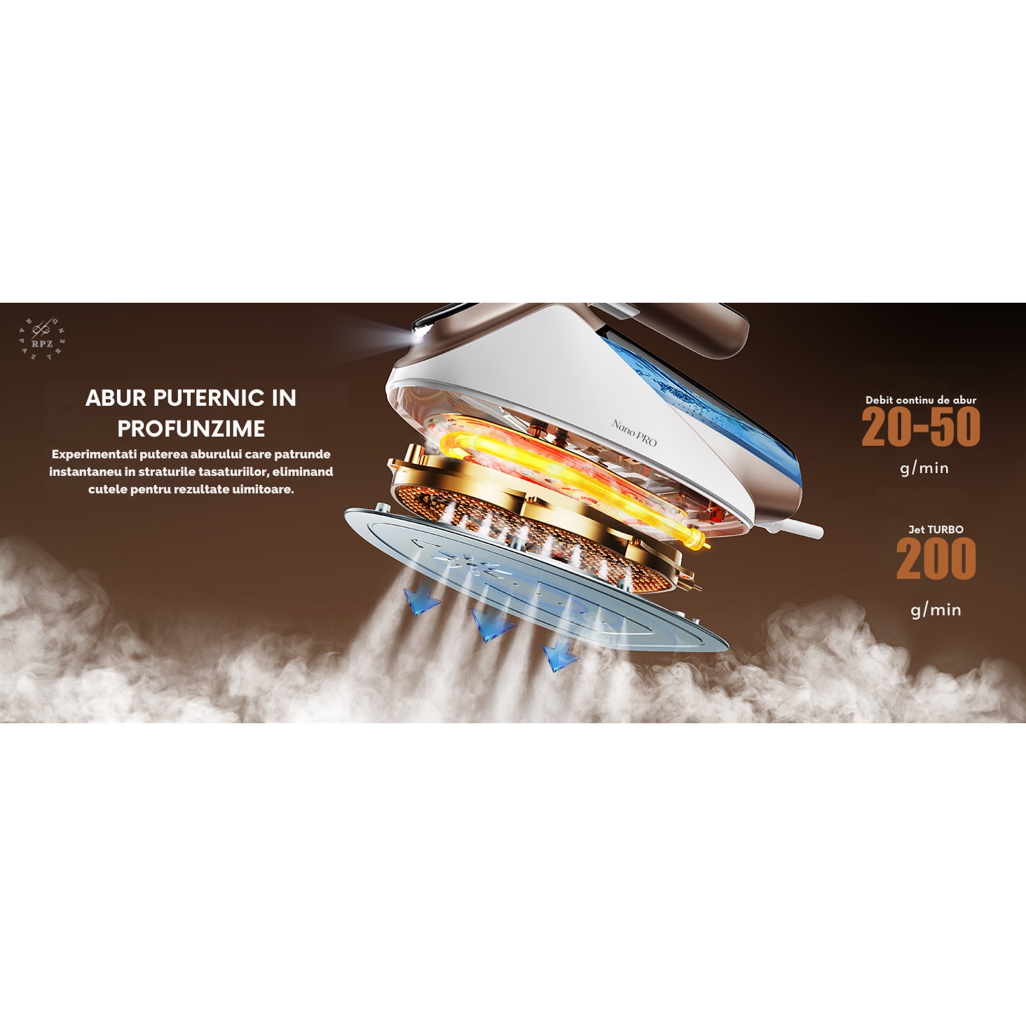 Fier de calcat cu abur RAPAZ Nano PRO 2400W, jet turbo 200 g/min, afisaj LED 5 moduri, Calcare Verticala si Orizontala, talpa ceramica, rezervor detasabil 350 ml, alb-verde