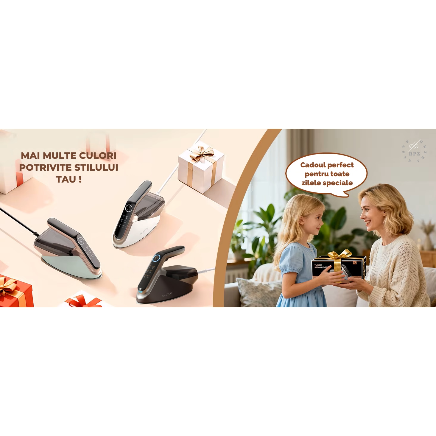 Fier de calcat cu abur RAPAZ Nano PRO 2400W, jet turbo 200 g/min, afisaj LED 5 moduri, Calcare Verticala si Orizontala, talpa ceramica, rezervor detasabil 350 ml, alb-verde