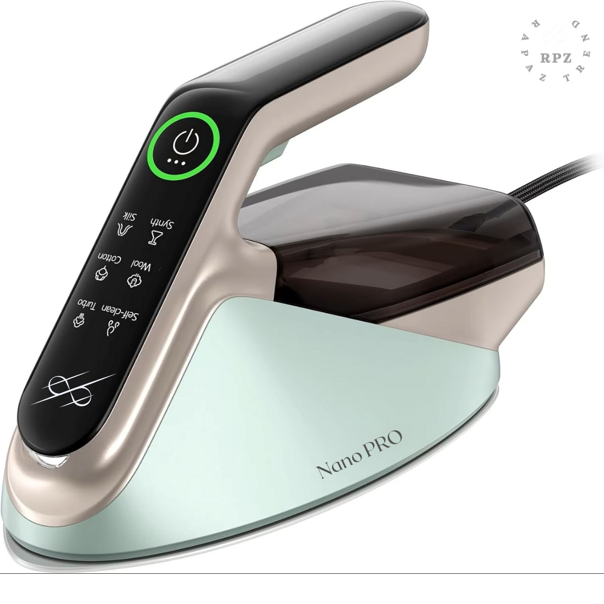 Fier de calcat cu abur RAPAZ Nano PRO 2400W, jet turbo 200 g/min, afisaj LED 5 moduri, Calcare Verticala si Orizontala, talpa ceramica, rezervor detasabil 350 ml, alb-verde