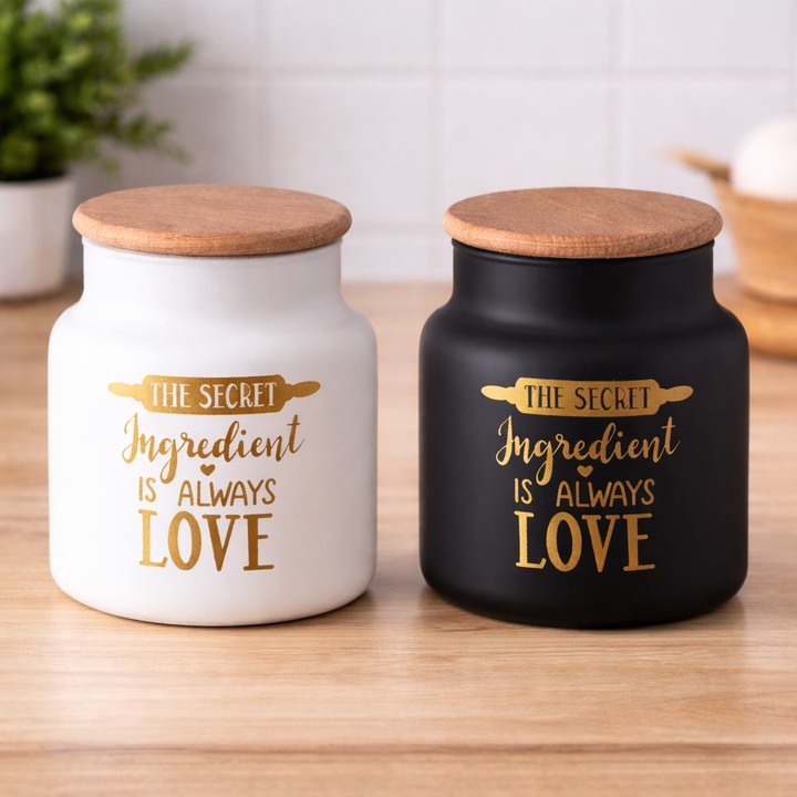 Set de doua recipiente decorative cu mesaj din sticla mata cu capac din lemn pentru depozitarea alimentelor, alb/negru, 635 ml