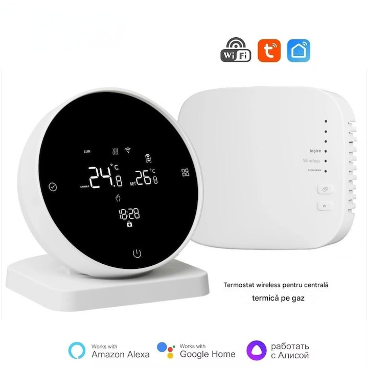 Termostat Wireless pentru Centrale Termice si Incalzire Pardoseala, Wifi, Control din aplicatia Tuya, Universal, Programabil, Receiver inclus, Touchscreen, Control vocal, Alimentare prin USB C sau baterii AA, Culoare ALB