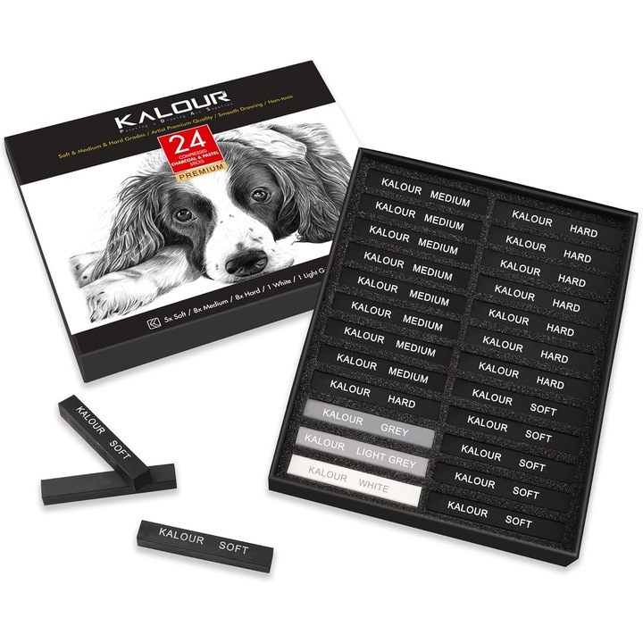 Комплект от 24 пресовани въгленови молива Kalour, 3 твърдости, устойчиви на счупване