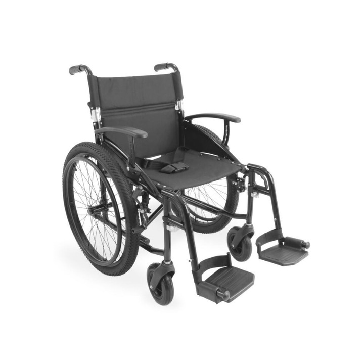 Scaun cu rotile din aluminiu pentru toate tipurile de teren, pliabil, material textil, manere rabatabile, sezut 46x42 cm, negru KMINA