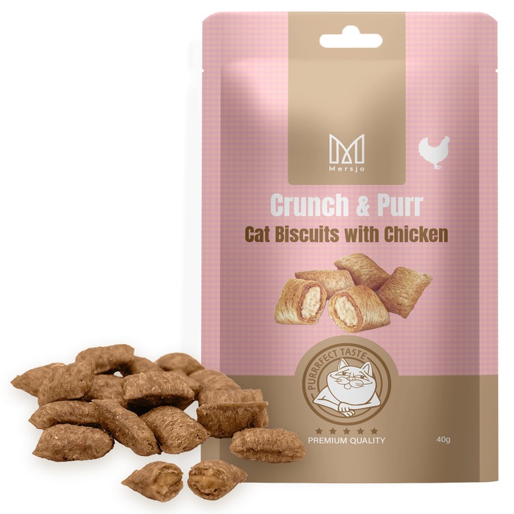 Biscuiti pentru pisici Mersjo Crunch & Purr cu pui si catusnica 40g