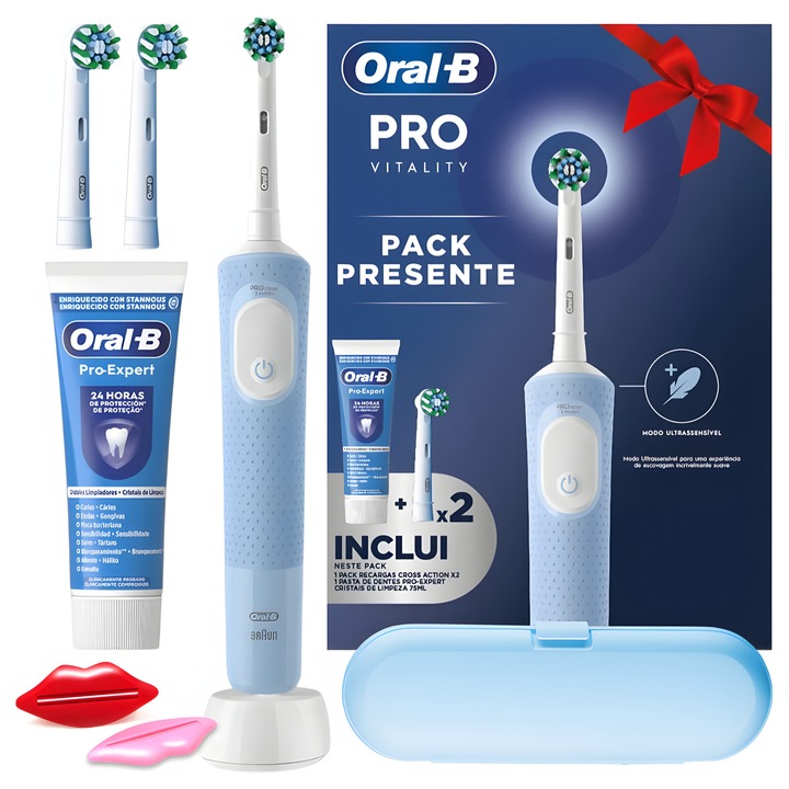 Szett, Elektromos fogkefe, Oral-B, Vitality Pro D103, Kék, töltő, 3 Cross Action fej, fogkrém, tok, fogkrémtubus nyomó