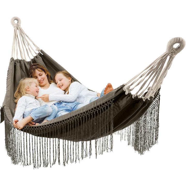 Homelevel pamut függőágy, sötétszürke, 220x115cm, rojtokkal, 120kg teherbírás