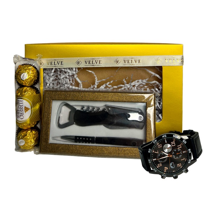Set cadou barbati premium – ceas Ulysees, Ferrero Rocher, pix elegant si desfacator de vin
