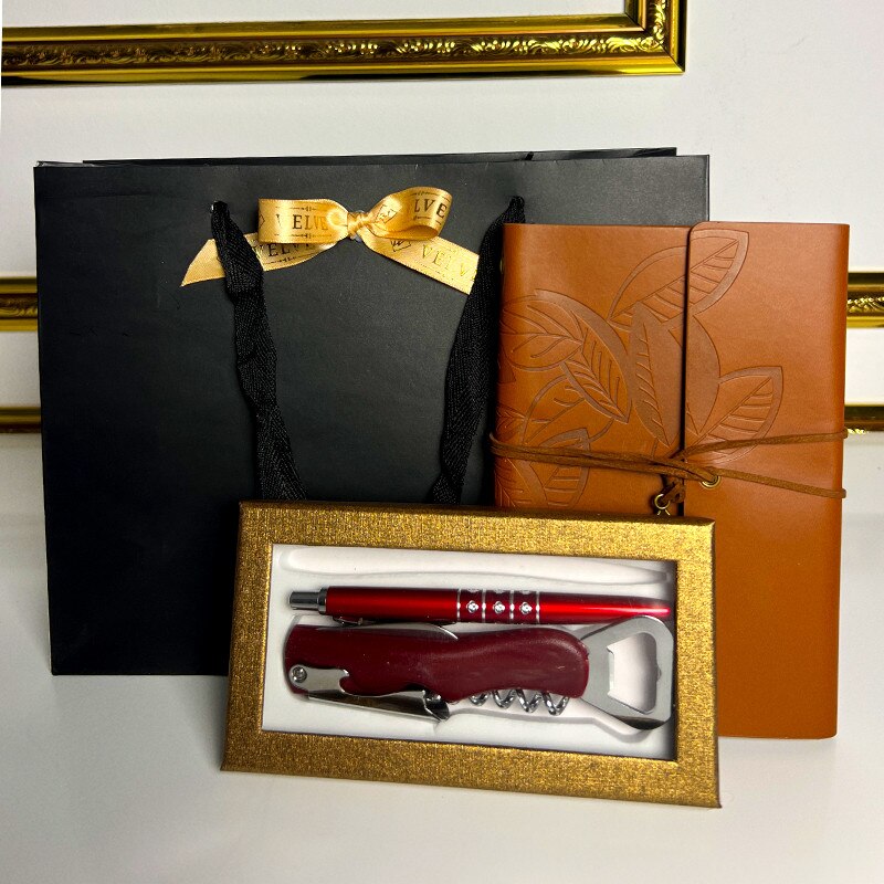 Set cadou barbati elegant – pix metalic, desfacator vin si agenda