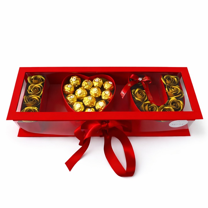 Pachet cadou I Love You – 11 trandafiri din sapun si 13 praline Ferrero Rocher