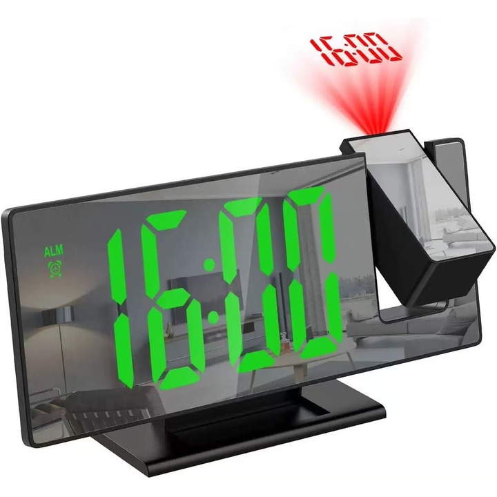 Dekoratív digitális óra, idő- és hőmérséklet-kijelző, zöld fény, fa