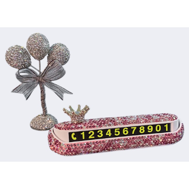 Placuta de parcare temporara cu pietre pretioase, placuta de deplasare ascunsa din aliaj de aluminiu, decor placuta auto, placuta de telefon pcadou pentru sotia soferului, rosu diamant + coroana + baloane albe diamant