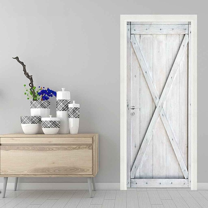Tapet autoadeziv VIRANDA, model 3D usa din lemn, sticker/folie decorativa, 77 x 200 cm