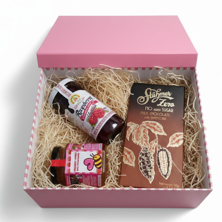 Cos Cadou Jam&Jam, ciocolata fara zahar 90g, gem BIO fara zahar 280g, miere cu capsuni 190g, multicolor