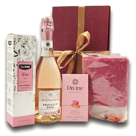 Pachet pink symphony cu prosecco, migdale și eșarfă
