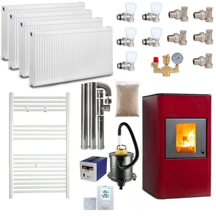 Pachet termosemineu cu peleti Termax Kamin PM 15 kW, 120 mp, buncar peleti 30 kg, volum apa 30 litri, diametru cos fum ⌀80 mm, vas expansiune si pompa recirculare incluse, Bordo, Grup siguranta, Calorifere, Robineti