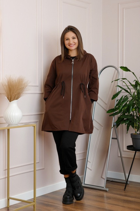 Barna alkalmi kabát állítható derékkal és kapucnival, One Size INTL
