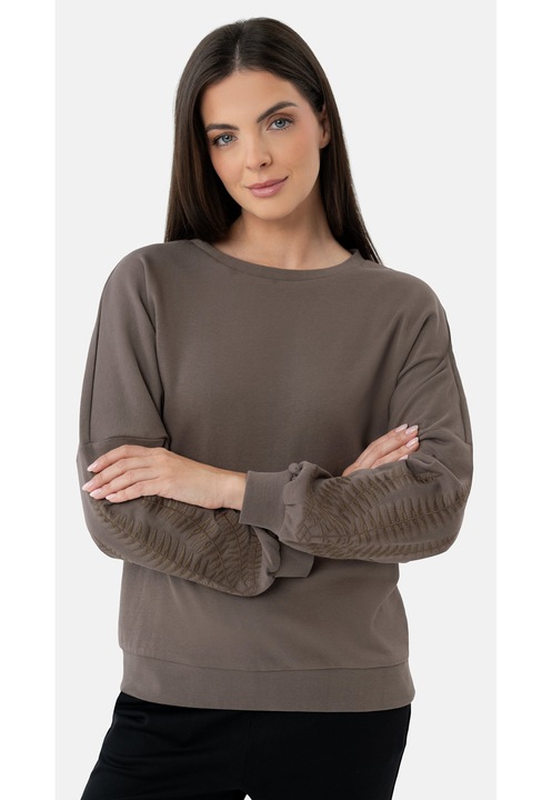 Bluza de trening cu maneci si model floral, Comfort Fit, Volcano B-Sepia, maro, Maro