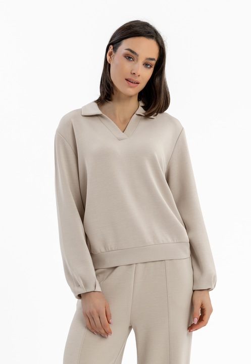 Bluza de trening dama cu guler, decolteu in V, uni, Regular Fit, Volcano B-Nalia, bej, Bej