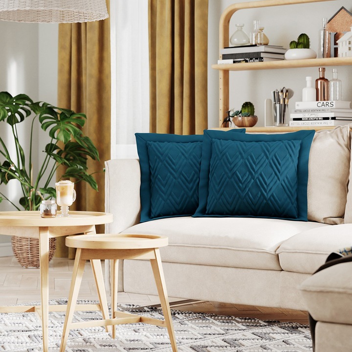 Set 2 huse perne decorative usor matlasate din microfibra, Ophelia, 70 g/m2, 45 x 45 cm, Albastru