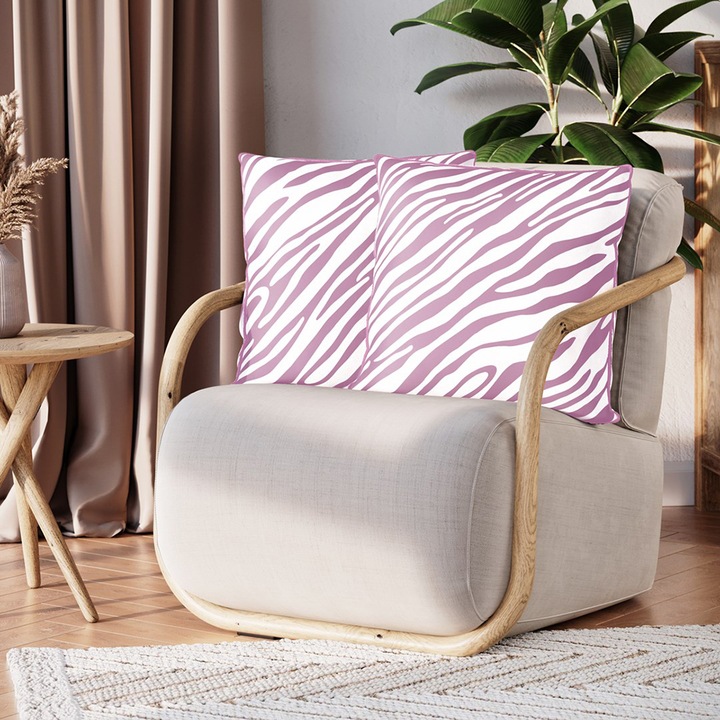 Set 2 huse perne decorative din catifea model zebra, Fun, 215 g/m2, 45 x 45 cm, Roz