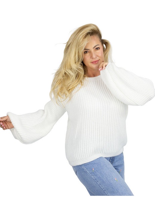 Pulover tricotat dama, alba, cu maneci puffy si decolteu rotund, stil casual si smart – Agrafka unisize