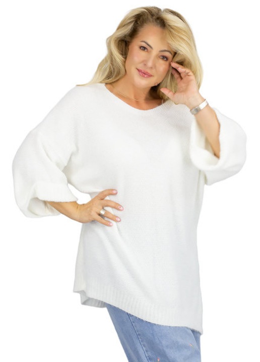 Pulover oversize dama alb, tricot MEGA moale, design asimetric cu deschidere laterala, decolteu rotund, stil casual & office – Agrafka unisize