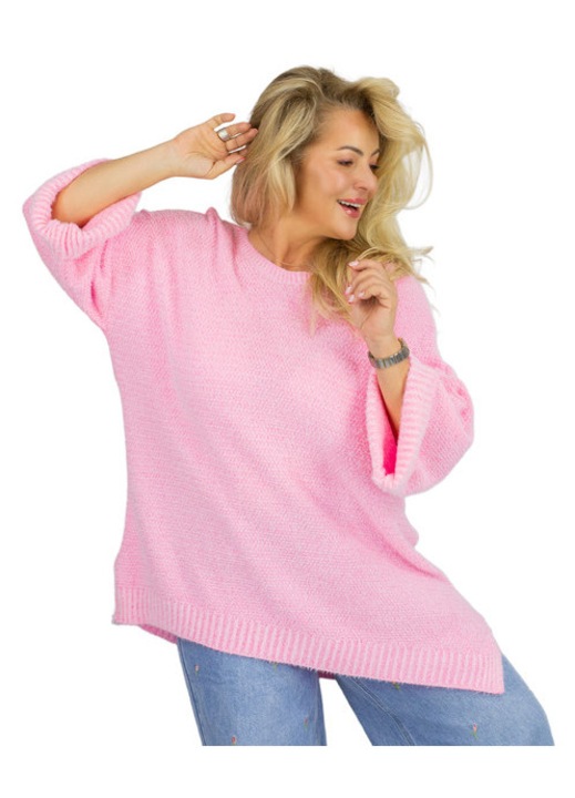 Pulover oversize dama roz, tricot MEGA moale, design asimetric cu deschidere laterala, decolteu rotund, stil casual & office – Agrafka unisize