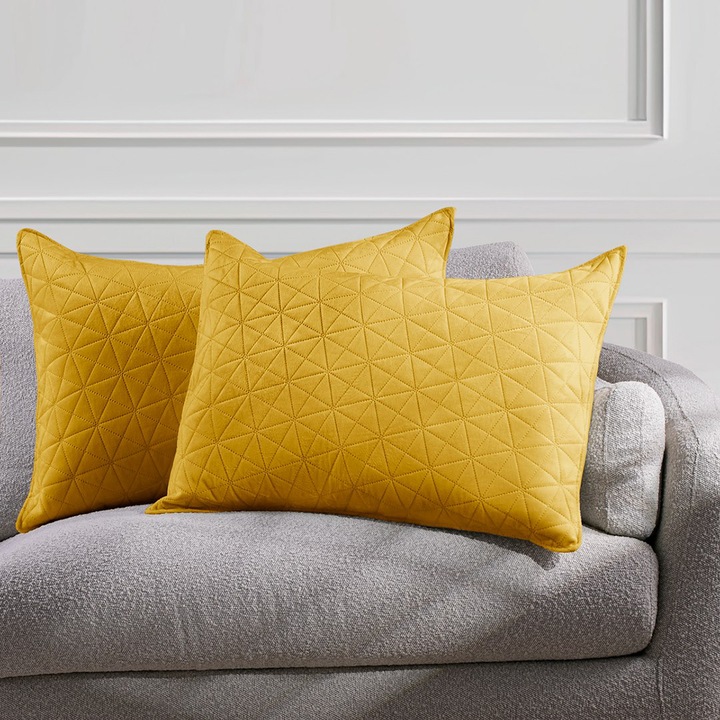 Set 2 huse perne decorative din catifea matlasate, Laila, 180-190 g/m2, 50 x 70 cm, Galben