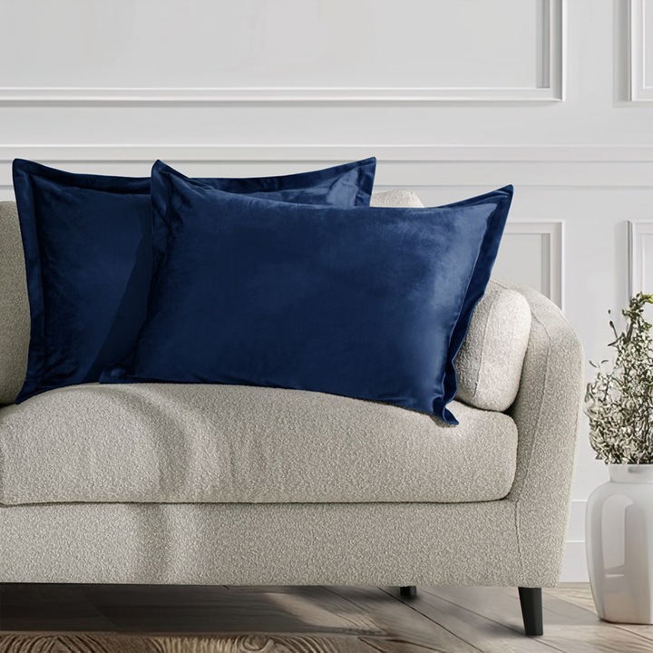Set 2 huse perne decorative din catifea cu tiv, Velvet, 220 g/m2, 50 x 70 cm, Albastru
