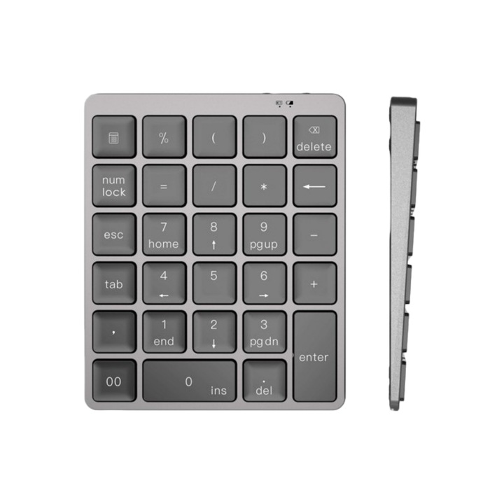 Tastatura numerica fara fir, Bluetooth, 28 de taste, senzatie confortabila, incarcare USB, design ergonomic, portabil, gri